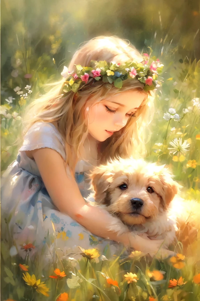 a girl on the beach surrounded by Golden Pyrenees Russian popular print