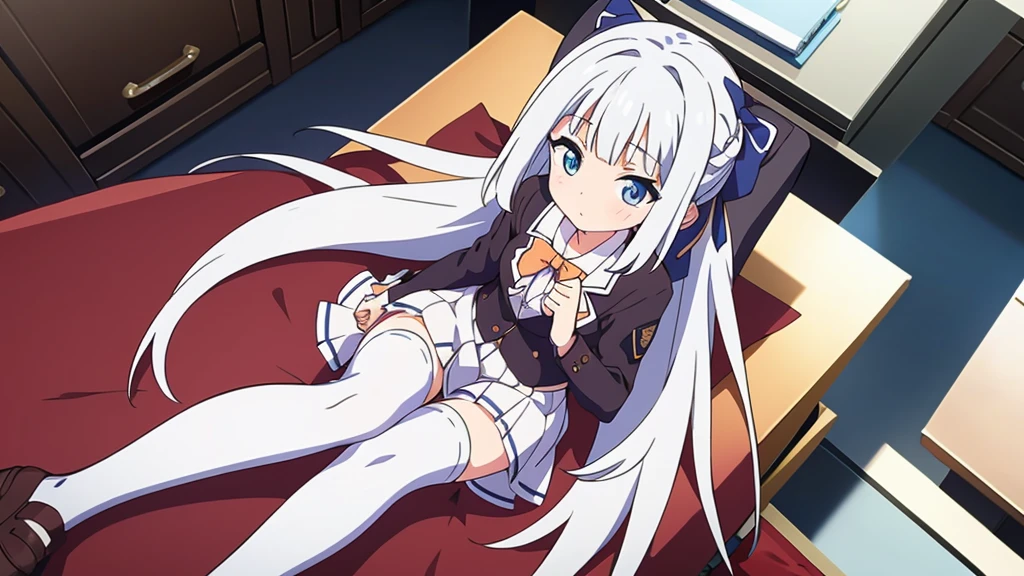 1 white-haired girl with ribbon decorations on her head, blue eyes in school mini skirt Women with white stockings at home