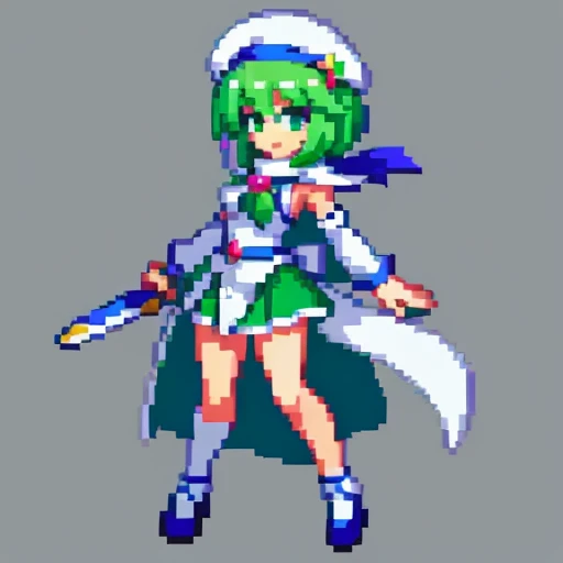 Pixel art、whole body、Left facing（important）、Small breasts、Light green and white、Bow-legged、Hold two swords in each hand、Sword of light in right hand、Dark sword in left hand、Magical girl、beret、Short Bob Hair、A loose scarf is wrapped around the neck。hair color：Soft、Light mint green hair, almost white。Eye color：Green Eyes。Costume：白とライトグリーンを基調としたMagical girlのCostume。She is wearing a petal-like mini slit skirt.。