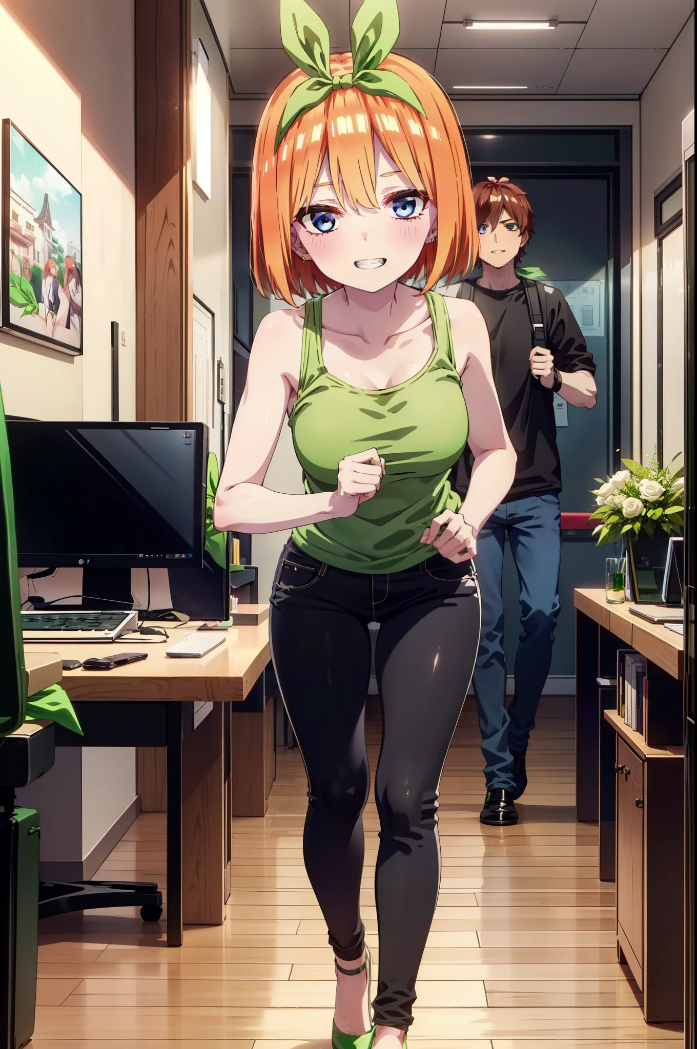 Yotsubanakano, Yotsuba Nakano, bangs, short hair, blue eyes, Hair between the eyes, hair ribbon, hair band, Orange Hair, (Green ribbon:1.5), smile, Grin,Green tank top,Skinny jeans,Stiletto heels,There is a computer on the table,interior,Walking,whole bodyがイラストに入るように,
break indoors, オフィス
break looking at viewer, whole body,
break (masterpiece:1.2), Highest quality, High resolution, unity 8k wallpaper, (figure:0.8), (Beautiful attention to detail:1.6), Highly detailed face, Perfect lighting, Highly detailed CG, (Perfect hands, Perfect Anatomy),