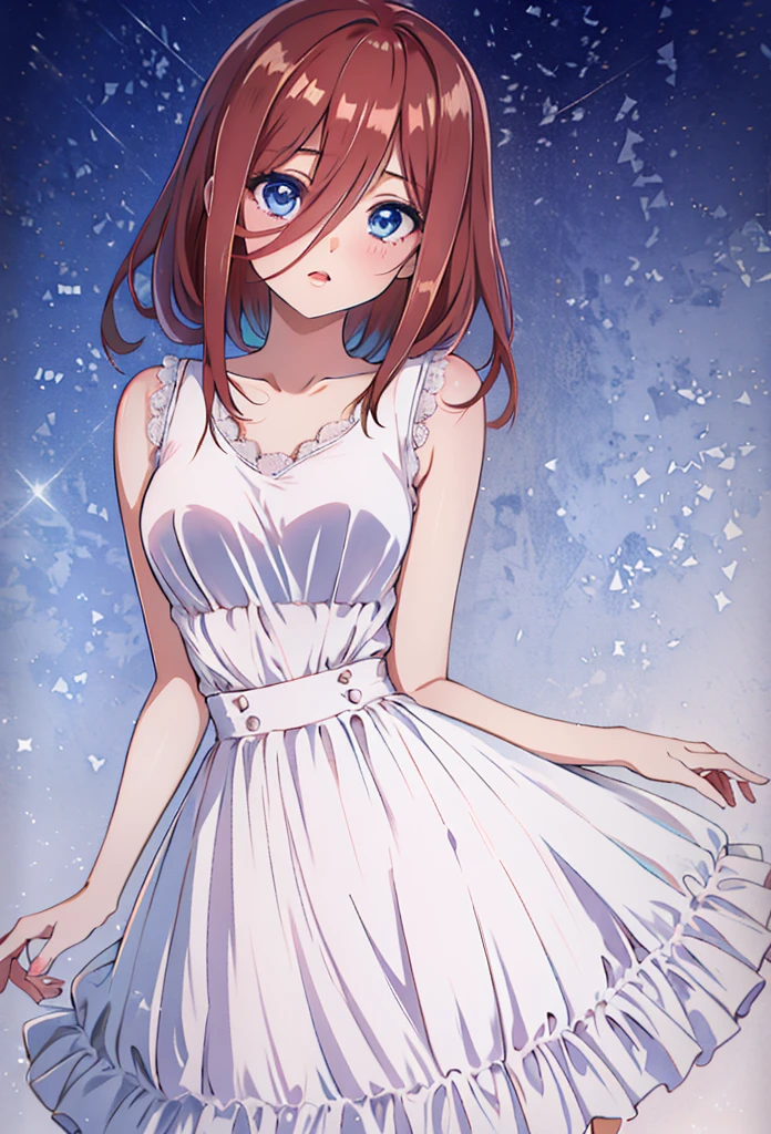 score_9, score_8_up, score_7_up, score_6_up, source anime, akihcipnxl, (1 girl) Sfw, Miku nakano, pretty teenage girl with fluffy long pink brown hair, heart shaped lips and blue eyes making a cute face, aamiku, Nakano Miku from The Quintessential Quintuplets, Miku Nakano, masterpiece, 4k, ultradetailed, cowboy shot, nakano Miku, pink red brown hair, blue eyes, sparkling eyes, night wear, white minimal simple nightwear matching set, white iridescent matching set, white satin and lace night vest, white satin and lace tank top with thin shoulder straps, white satin light night skirt, minimal outfit, simple outfit, all white outfit, full body, dynamic pose, moving, dynamism, hair between eyes, nightwear, starry sky behind her, night sky, pretty stars