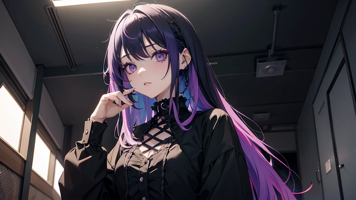 Arafed anime girl with green and purple hair sitting, pastel gothic, pastel goth aesthetic, pale goth beauty, 1 7 - year - old goth girl, goth girl aesthetic, goth girl, colores pastel oscuros, cabello pastel, loish |, Loish y Wlop, Desbordamiento pastel, gothic ambient, Una chica emo, Maquillaje Emo, coloured hair, far established shot, looking elsewhere