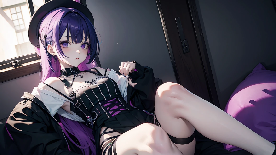 Arafed anime girl with green and purple hair sitting, pastel gothic, pastel goth aesthetic, pale goth beauty, 1 7 -  - old h girl, goth girl aesthetic, goth girl, colores pastel oscuros, cabello pastel, loish |, Loish y Wlop, Desbordamiento pastel, gothic ambient, Una chica emo, Maquillaje Emo, coloured hair, far established shot, looking elsewhere