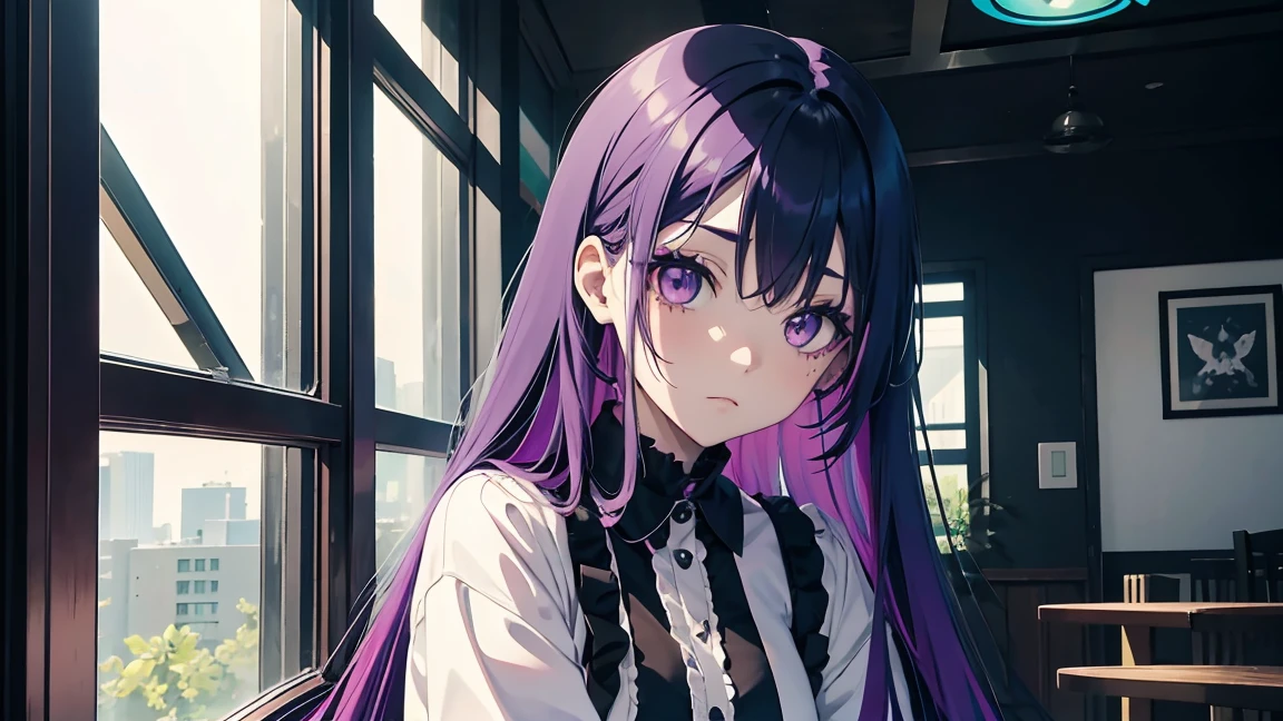 Arafed anime girl with green and purple hair sitting, pastel gothic, pastel goth aesthetic, pale goth beauty, 1 7 -  - old h girl, goth girl aesthetic, goth girl, colores pastel oscuros, cabello pastel, loish |, Loish y Wlop, Desbordamiento pastel, gothic ambient, Una chica emo, Maquillaje Emo, coloured hair, far established shot, looking elsewhere