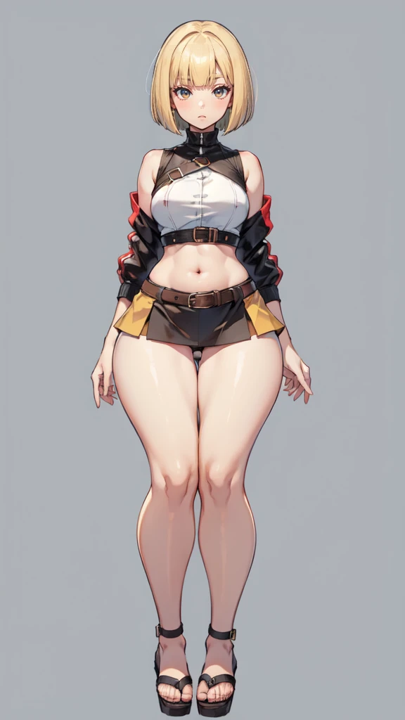 blank background, (((full body))), (masterpiece), ((best quality)), (very short girl), flat chest, blunt bangs, bobcut, (wide hips:1.4), (thick thighs:1.4), (very short skirt), sandals, belt below navel, fanny packs, blonde, (wide calves)
