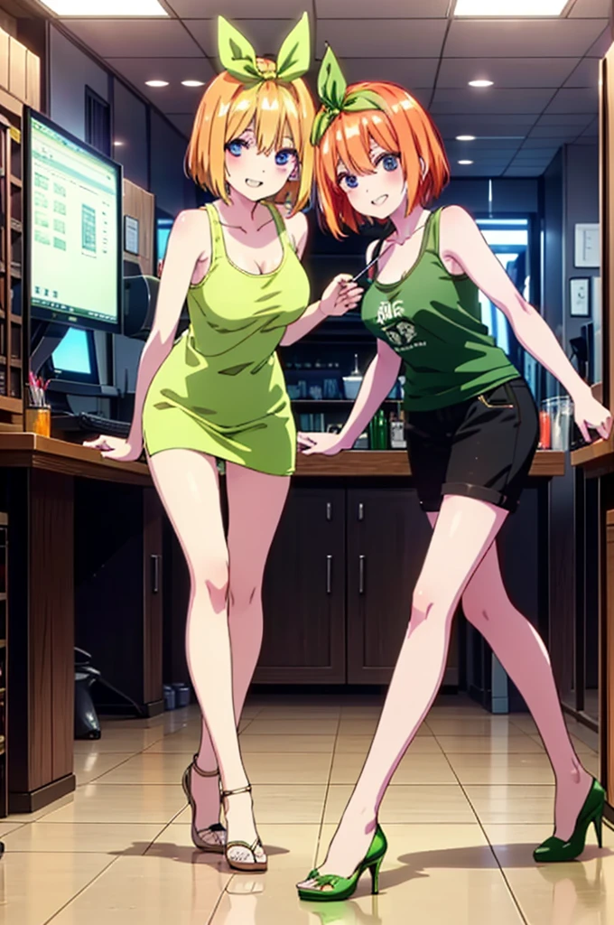 Yotsubanakano, Yotsuba Nakano, bangs, short hair, blue eyes, Hair between the eyes, hair ribbon, hair band, Orange Hair, (Green ribbon:1.5), smile, Grin,Green tank top,Skinny jeans,Stiletto heels,There is a computer on the table,interior,Walking,whole bodyがイラストに入るように,
break indoors, オフィス
break looking at viewer, whole body,
break (masterpiece:1.2), Highest quality, High resolution, unity 8k wallpaper, (figure:0.8), (Beautiful attention to detail:1.6), Highly detailed face, Perfect lighting, Highly detailed CG, (Perfect hands, Perfect Anatomy),