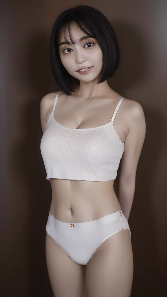 ((Best Quality, 8k, Tabletop: 1.3)), (Coffin: 1.3), Perfect Body Beauty: 1.4, (Short Hair: 1.2)), (Stylish Brown Cafe: 1.3), Highly Detailed Face and skin texture, whole body, fine eyes, double eyelids, white skin, long hair, (round face: 1.5), (loose crop top, panties: 1.6), smile with mouth closed, group of two