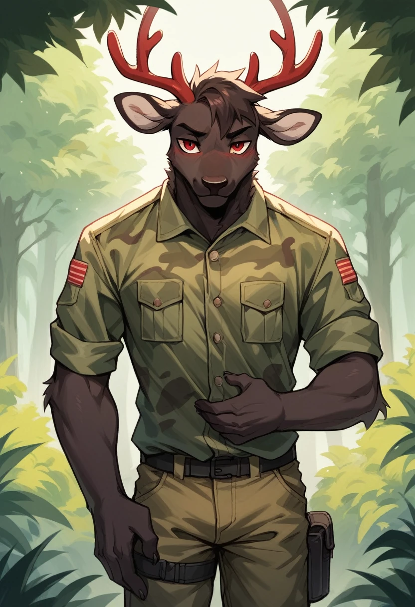 Male, anthropomorphic, stag, dark fur, red eyes, twink build, medium sized antlers, neutral expression, cargo pants, camo shirt, single, forest setting