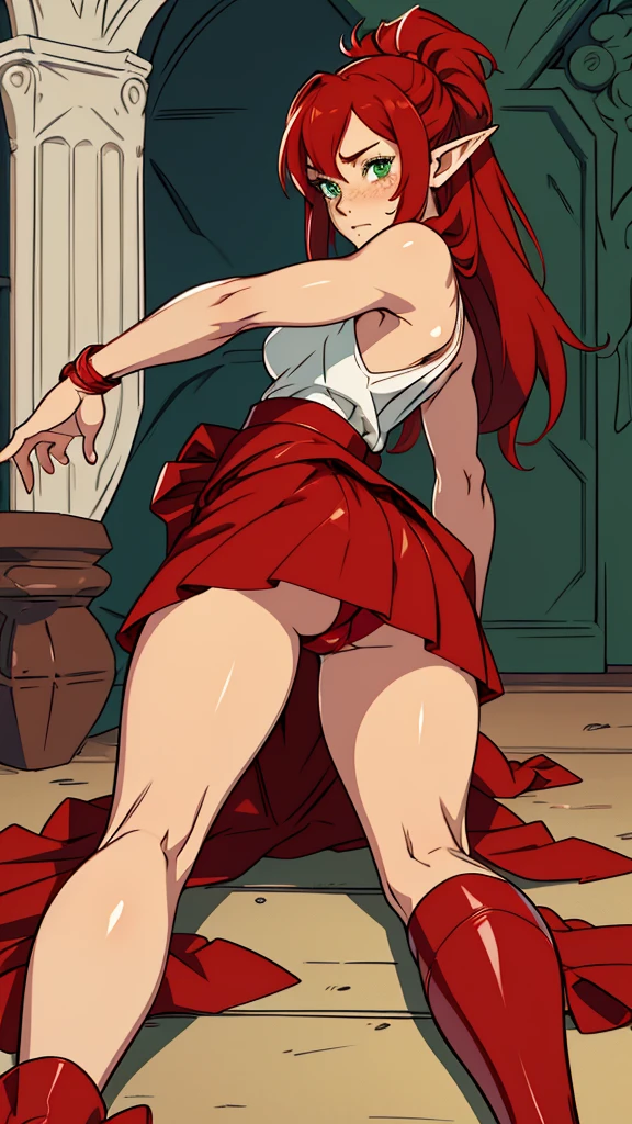 "red crimson hair" elf ears, freckles, Greek goddess, sculptural body, super detailed hand, super detailed face, hyper detailed body, No defects, (emerald green eyes), focused eyes, pretty detailed eyes, pale skin, blushed face,(( wearing a red leather skirt)), long hair, tied up hair, expression of pleasure, partes do fully body, entire limbs, (fully body), gorgeous fur, high resolution, 4K, lined eyes, toned thighs, small feet, Waist slender, big-ass, Unclothed, small foot, role model, best qualityer, legs open, showing pussy, steep, Point of view, lifting your ass, showing the ass, exposed pussy, looking to the down, witheout panties, pink pussy, flushed skin. (lying position ), bunda steep, Resting on the floor, (long black socks)