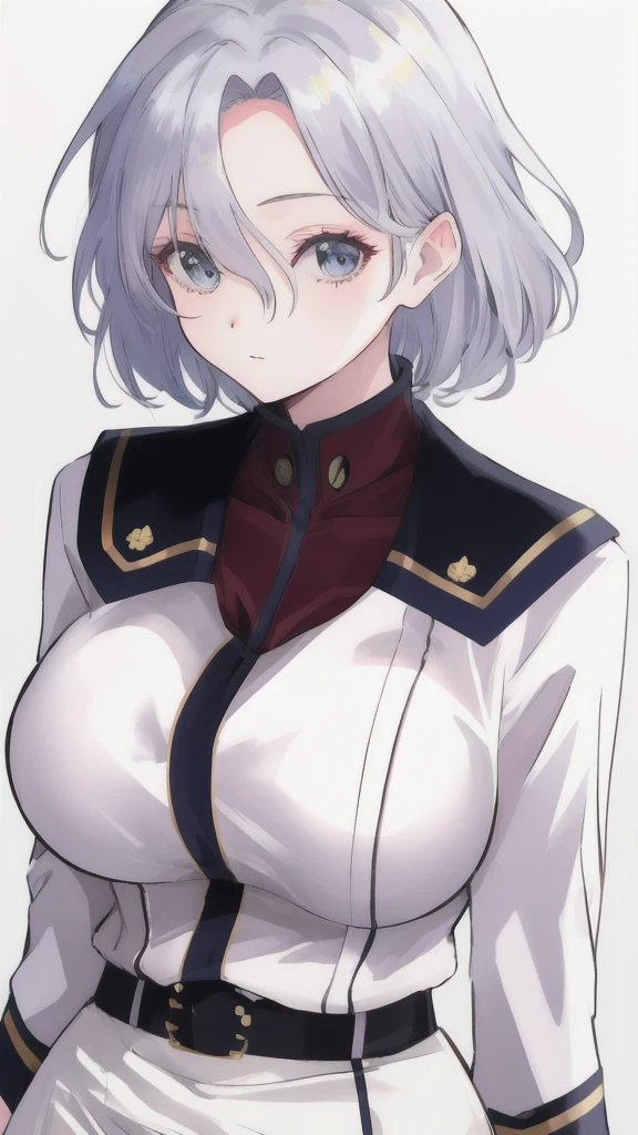 sallysaintford, huge_breasts, standing, solo, Naval_uniform_White_jacket_White_pencil_skirt_miniskirt_Belt_long_sleeves_turtleneck, masterpiece, best_quality, detailed_face, detailed_eyes, highres, beautiful, detailed,