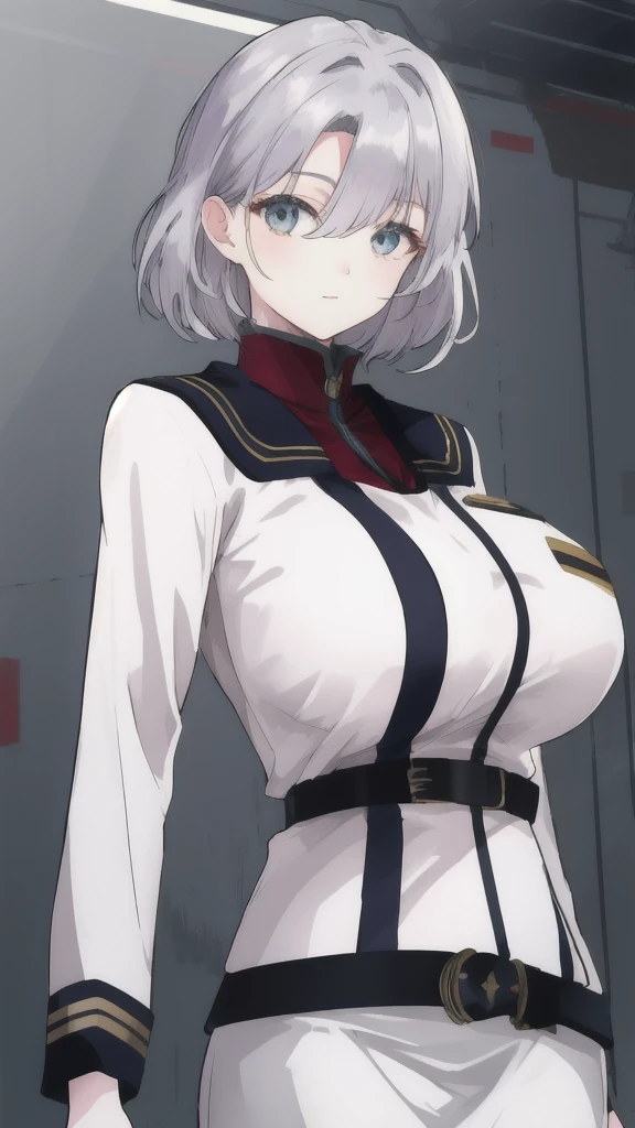 sallysaintford, huge_breasts, standing, solo, Naval_uniform_White_jacket_White_pencil_skirt_miniskirt_Belt_long_sleeves_turtleneck, masterpiece, best_quality, detailed_face, detailed_eyes, highres, beautiful, detailed,