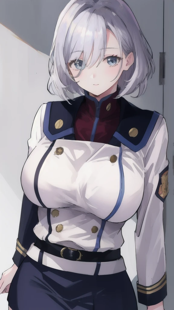 sallysaintford, huge_breasts, standing, solo, Naval_uniform_White_jacket_White_pencil_skirt_miniskirt_Belt_long_sleeves_turtleneck, masterpiece, best_quality, detailed_face, detailed_eyes, highres, beautiful, detailed,