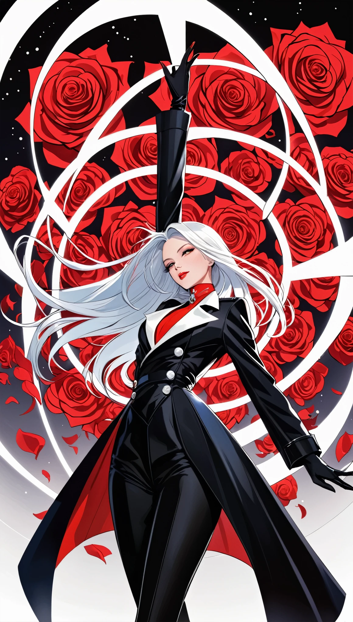 ((masterpiece, best quality)),(illustration),(detailedLight),((Extremely exquisite and beautiful)),in style of Thierry Mugler,Character design illustration,1 Girl,Black long trench coat,White shirt,Red Collar Festival,Fingers combing long hair,Silver long hair,Upside down messy rose silhouette background,Cowboy perspective,Shot from below,Stretch shot,Deep sharp focus,
