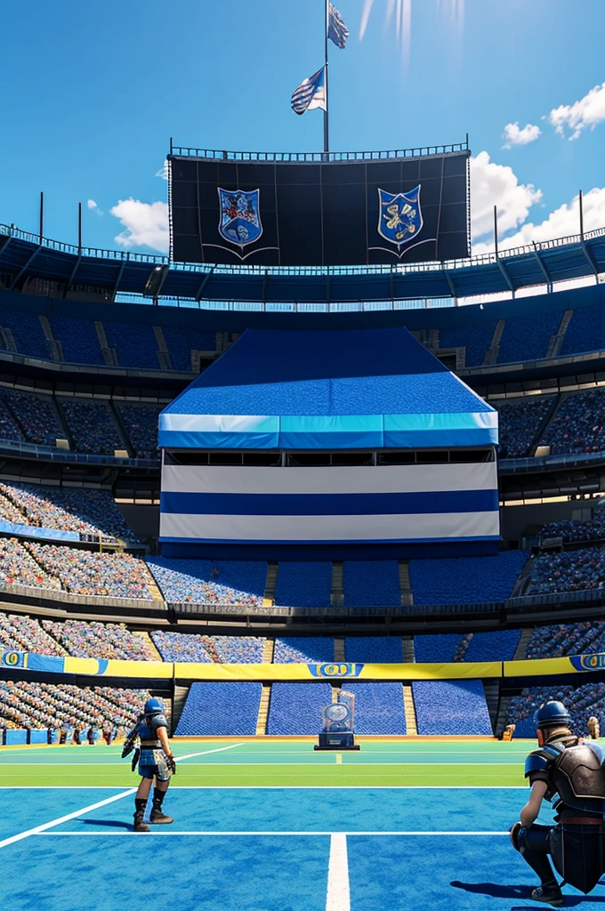 A large, open tournament battle arena from final fantasy 7 remake, with a flat, tiled floor featuring combat zone markings. Surrounded by high stadium seating filled with spectators, with banners and flags waving. Clear blue sky overhead. Highly detailed, vivid colors, and sharp focus.
