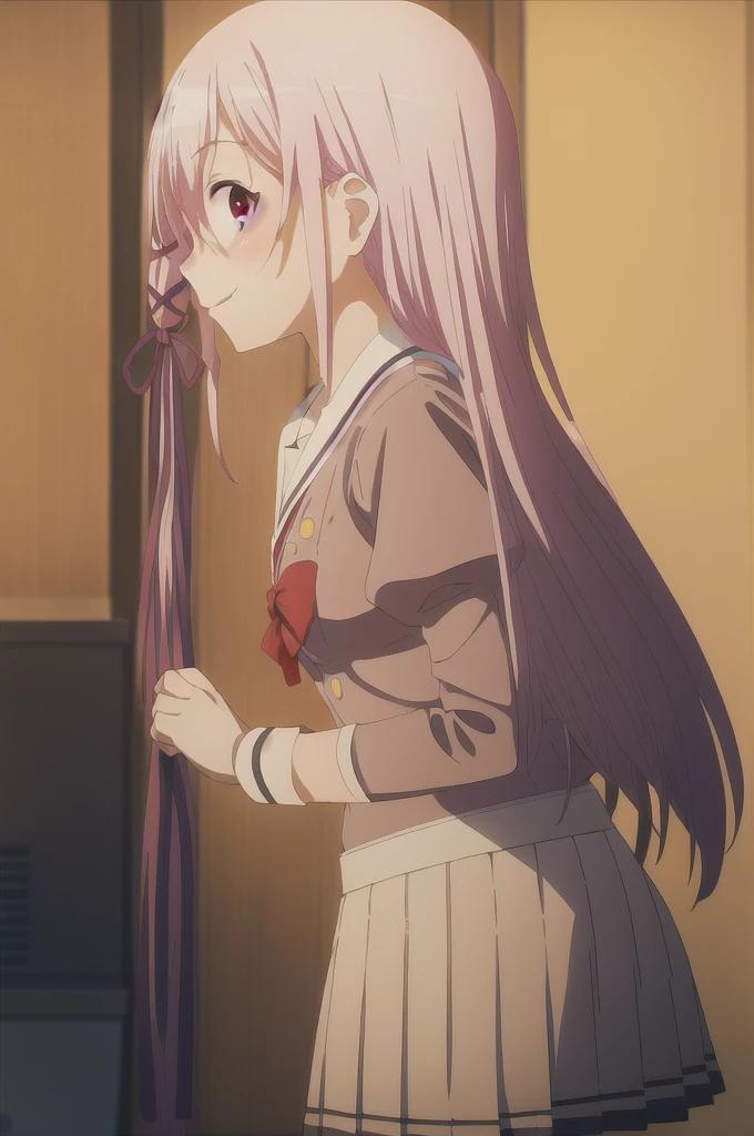 Kisara, In the kitchen, with his hands behind his back, leaning forward, looking at the viewer with a charming and shy smiling gaze.