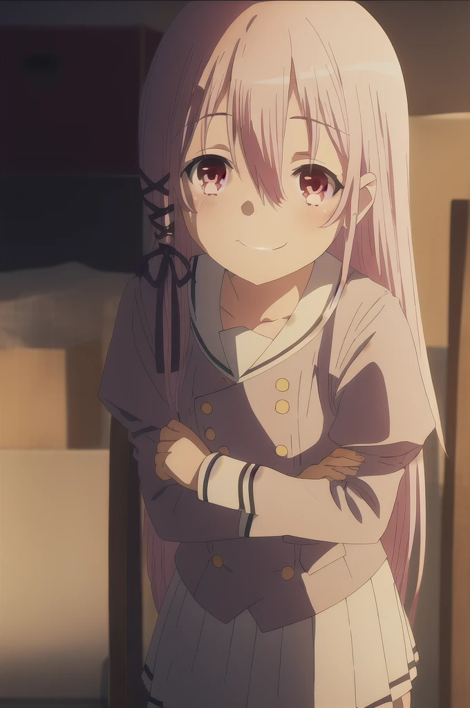Kisara, In the kitchen, with his hands behind his back, leaning forward, looking at the viewer with a charming and shy smiling gaze.