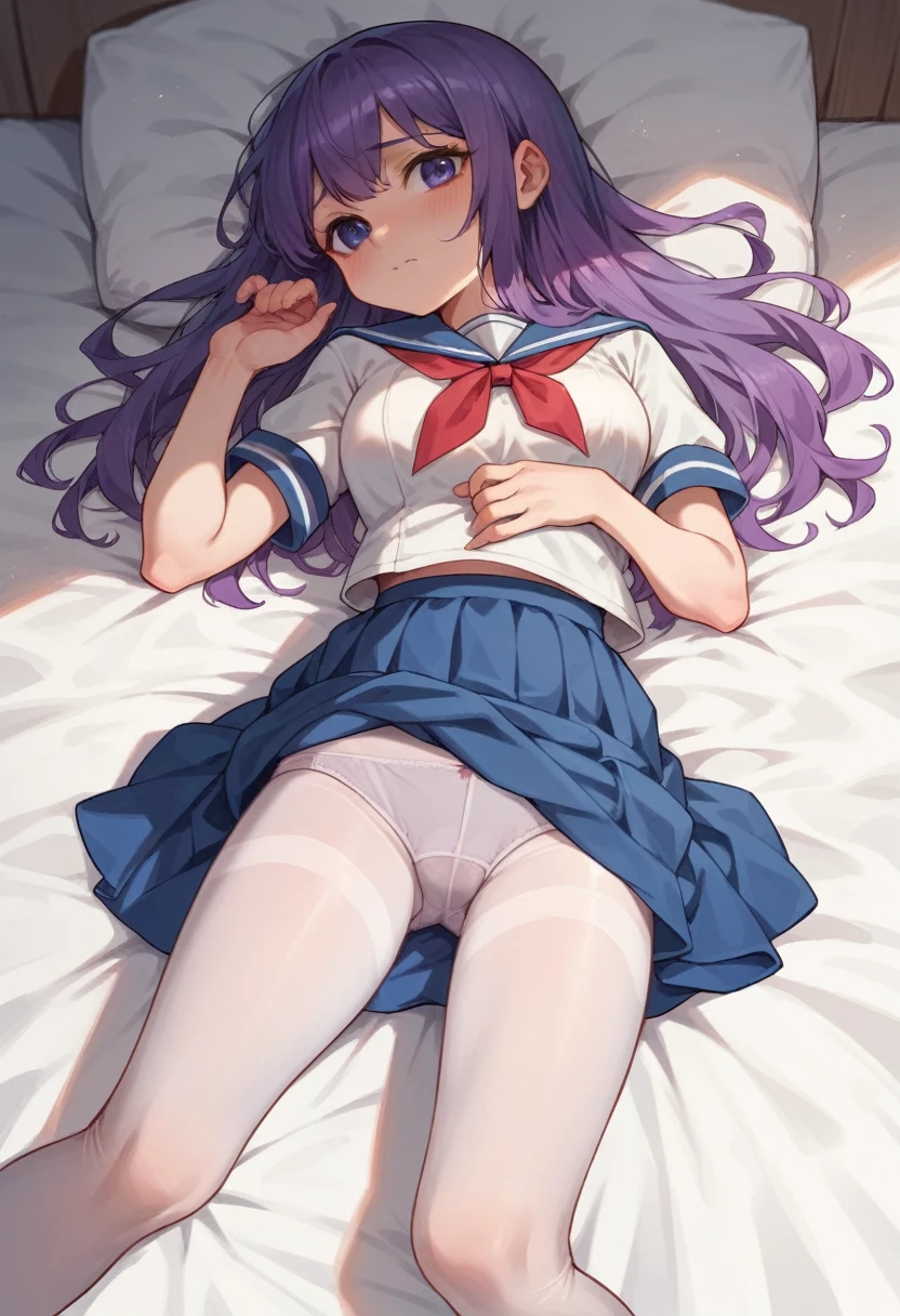 beige pantyhose,,sailor,dress,cute,lying,panties under pantyhose,purple hair,long hair,,shy,medium breasts
