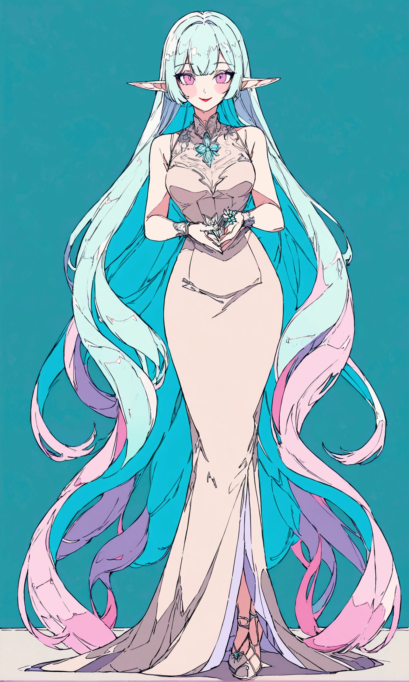 Elf ears. Smile. Full body. 30 years old. Full shot. Pastel colors, ligne claire, flat colors. Pink eyes. Big pink eyes. Absurdly long cyan iridescent hair. Red lips. Amazing intricate finely detaile. Light pink and cyan cossak. sleeveless top. Fairycore. Standing. Happy pose. Beautiful and fashion Make-up. Simple background. Defined lips. Blushing. Lovely. Korean manwha style.