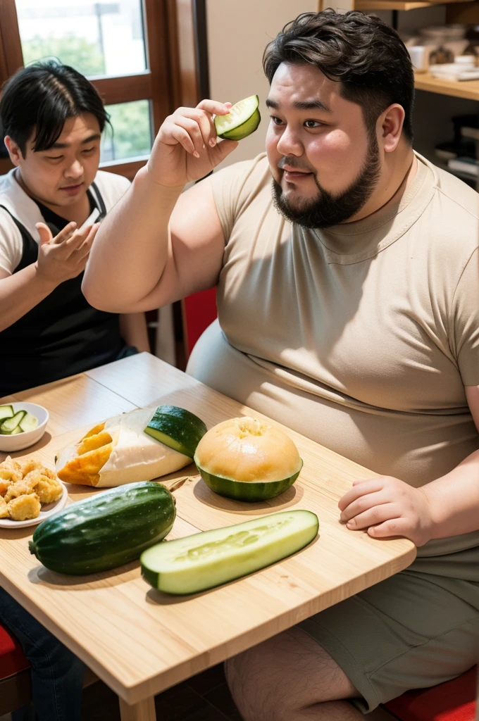 A fat man and a thin man are sitting at the table，Fat man holding a cucumber sadly，The thin man happily holds a chicken drumstick。