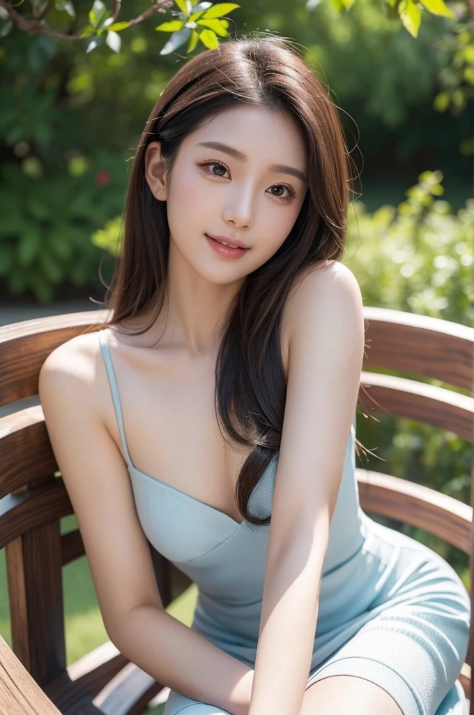 4K Ultra Resolution、Beauty、One Woman、Dark Brown Hair:1.1、Highly detailed face、Lips detail、important、(Eyes meet)、double eyelid、Princess Eyes、Beautiful Japanese Women、Beautiful Japanese Women、Sensual lips、Bewitching body、Bust size 82、Standing in an exciting pose facing forward with natural body balance、20th Generation、(23 years old)、far and near method、 A meticulous Japanese woman、Dress、Wearing a delicate, erotic and stylish bodycon dress、Hair blowing in the wind、Important(The detailed numbers and shapes of hands)、I can see your chest、Crisp images、The delicate sparkle of the eyes、Outside, people are drinking tea on a small Western-style terrace.、Sit facing forward on a stylish chair、Beautiful breasts with detailed details、color々Hair style、Smiling with a nice smile、