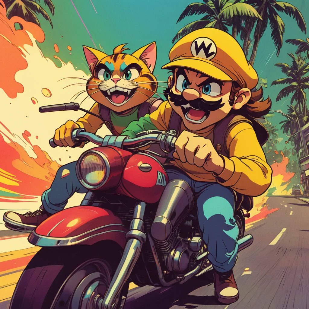 duo top cat and wario riding motorcycles, comic cinematic poster, image within image, multiple exposure, massive scale, rich color grading for shading depth, hand drawn rotoscope cartoon realism, chiaroscuro lighting, mixed media, vintage comic, retro original design, 1990's comic set in 1960's, sense of movement and energy, tropical rot, rewilding, (full roygbiv color) ink, VHS, glitch, distorted, nostalgia, 90's retro vibes, analog tape, vcr aesthetics, tv, television, hand drawn, (full roygbiv color) ink charcoal expressive illustration, no light source, darkness, light mask uv rays across face, splash page