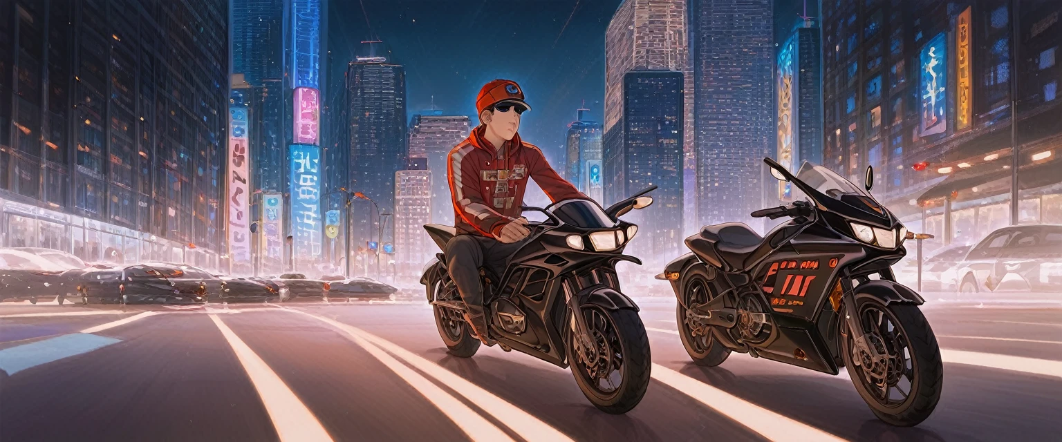 score_9, score_8_up, score_7_up, source_anime, detailed, rating safe, front view, very wide shot, Motorcycles chase in night city, riders are middle aged man, masterpiece, best quality, 8k,