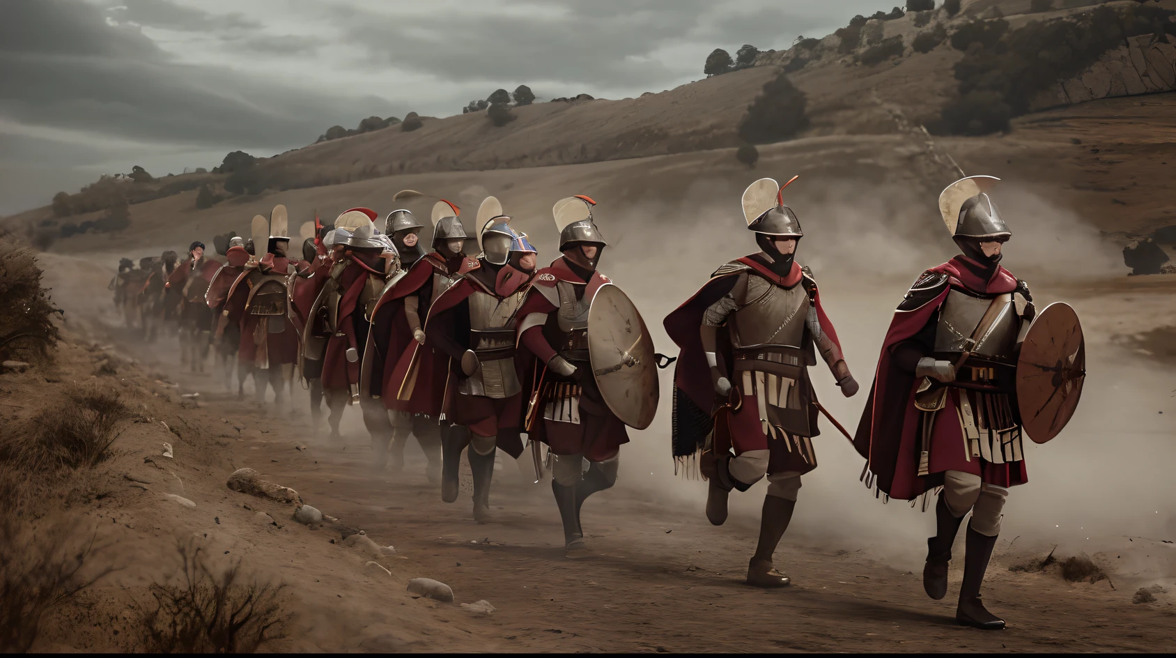 Group of men in Roman armor marching on a dirt road, leading the Spartans into battle, in battle, Directed by: Arturo Tarnowski, Spartan, leading a battle, ancient battlefield, soldiers charging, in the movie screenshot 300, Trojan War, Directed by: Matias Weischer, soldiers running, vestido com armadura eSpartana, Directed by: Scott M.. Fisherman