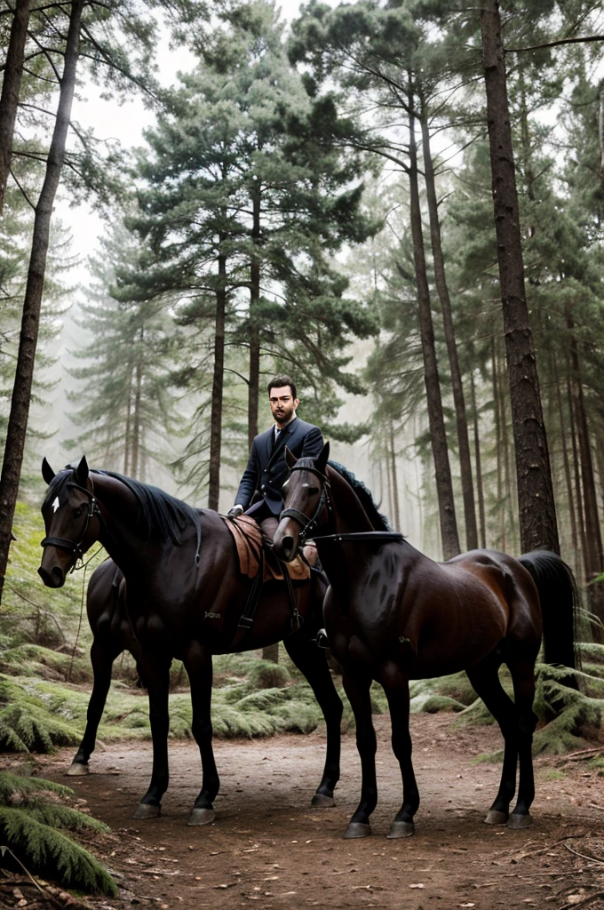 A man in the forest with a black horse