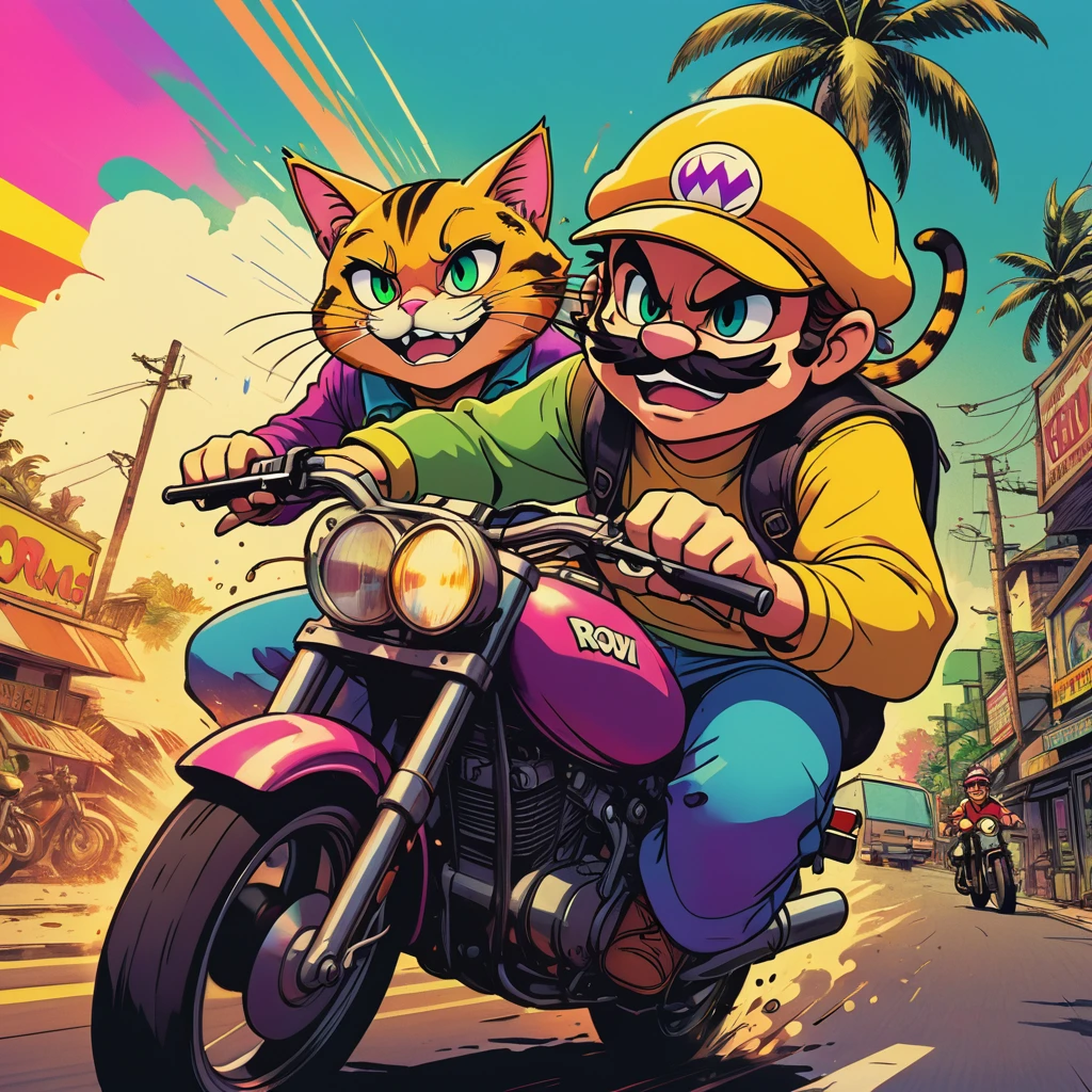 duo top cat and wario riding motorcycles, comic cinematic poster, image within image, multiple exposure, massive scale, rich color grading for shading depth, hand drawn rotoscope cartoon realism, chiaroscuro lighting, mixed media, vintage comic, retro original design, 1990's comic set in 1960's, sense of movement and energy, tropical rot, rewilding, (full roygbiv color) ink, VHS, glitch, distorted, nostalgia, 90's retro vibes, analog tape, vcr aesthetics, tv, television, hand drawn, (full roygbiv color) ink charcoal expressive illustration, no light source, darkness, light mask uv rays across face, splash page