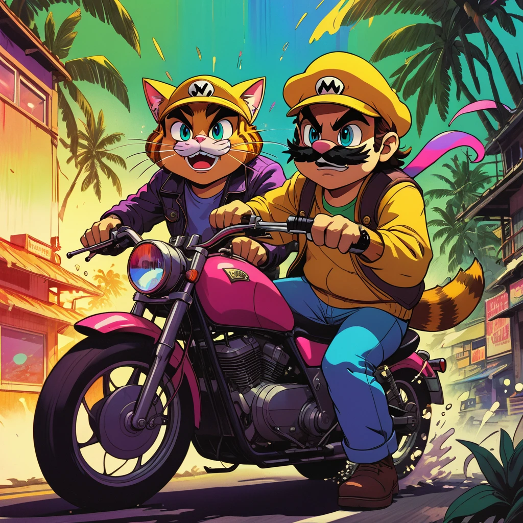 duo top cat and wario riding motorcycles, comic cinematic poster, image within image, multiple exposure, massive scale, rich color grading for shading depth, hand drawn rotoscope cartoon realism, chiaroscuro lighting, mixed media, vintage comic, retro original design, 1990's comic set in 1960's, sense of movement and energy, tropical rot, rewilding, (full roygbiv color) ink, VHS, glitch, distorted, nostalgia, 90's retro vibes, analog tape, vcr aesthetics, tv, television, hand drawn, (full roygbiv color) ink charcoal expressive illustration, no light source, darkness, light mask uv rays across face, splash page