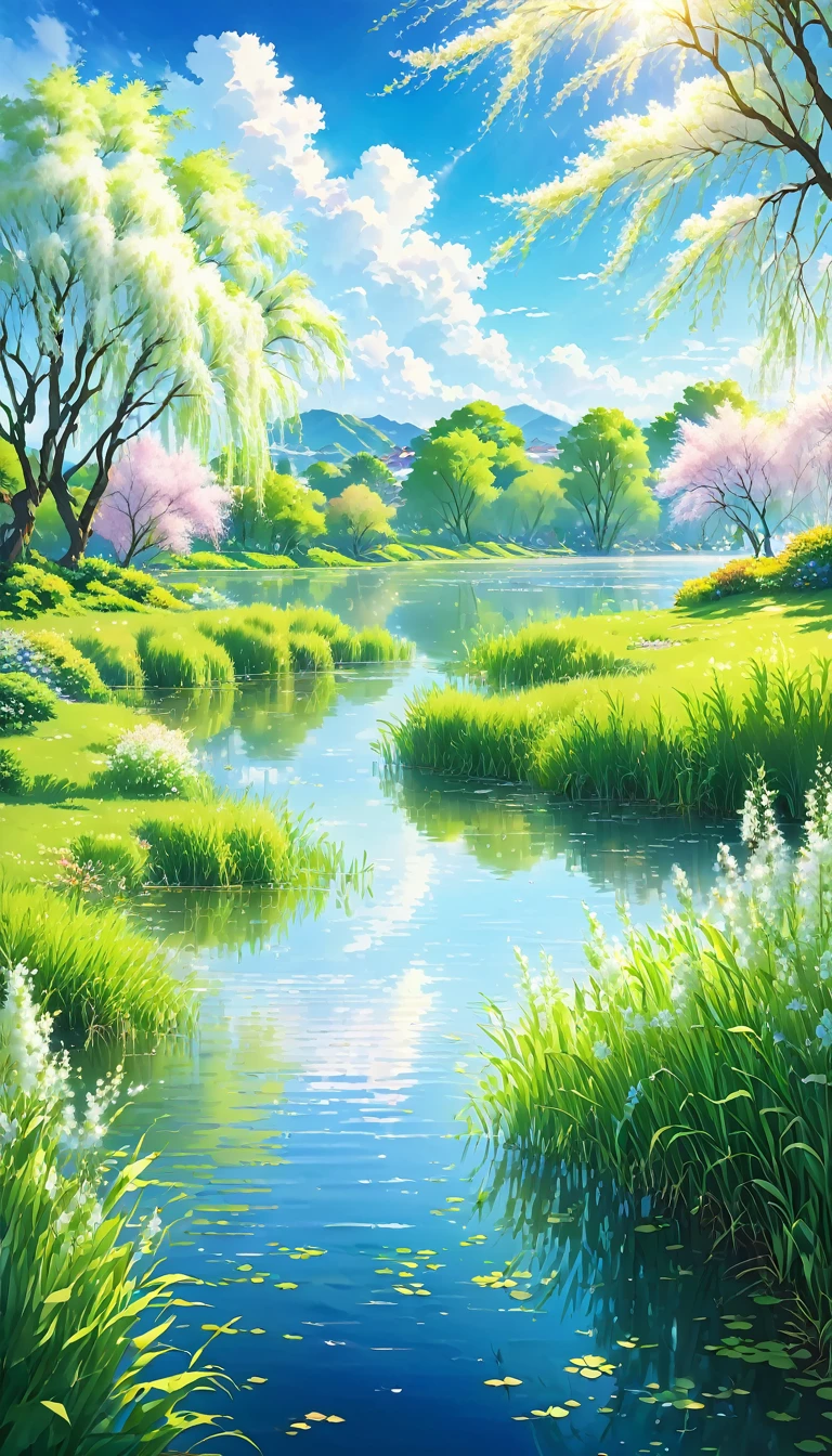 Peaceful lakeside,Green grass,light breeze,There was a ripple。Weeping willows on the shore,Like whispering。A small hill not far away,Lush,The scattered sunlight is like broken gold.。In the blue sky,A few white clouds floating leisurely,As soft as cotton candy。The air is filled with the fresh scent of grass and flowers,Makes the mind clear,All troubles are gone。