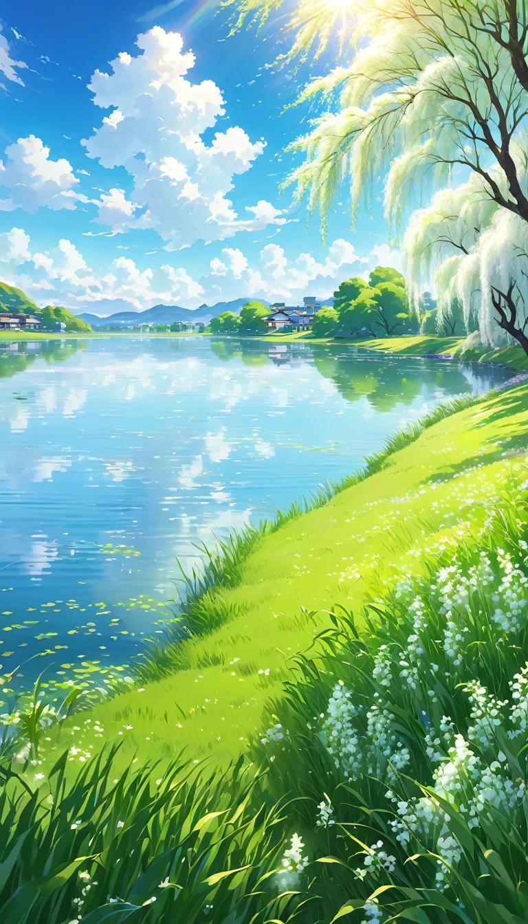 Peaceful lakeside,Green grass,light breeze,There was a ripple。Weeping willows on the shore,Like whispering。A small hill not far away,Lush,The scattered sunlight is like broken gold.。In the blue sky,A few white clouds floating leisurely,As soft as cotton candy。The air is filled with the fresh scent of grass and flowers,Makes the mind clear,All troubles are gone。