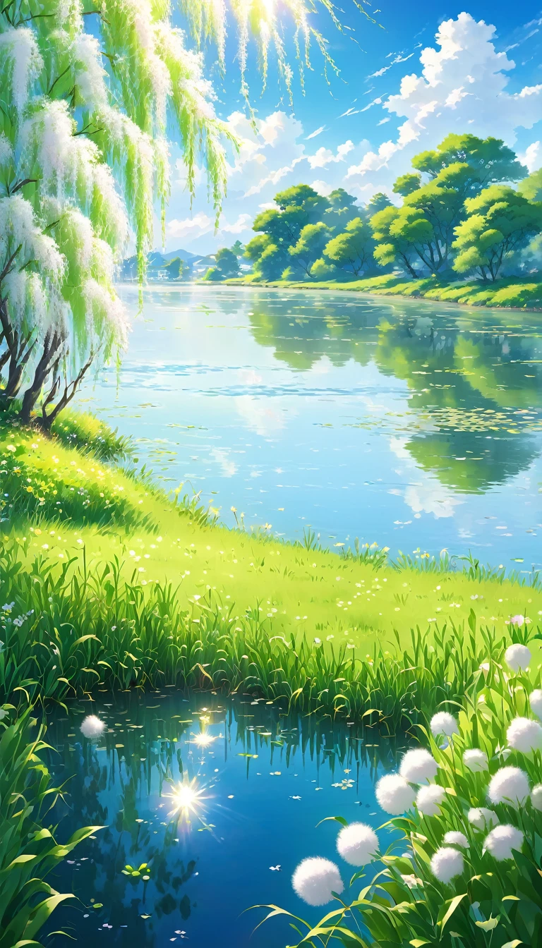 Peaceful lakeside,Green grass,light breeze,There was a ripple。Weeping willows on the shore,Like whispering。A small hill not far away,Lush,The scattered sunlight is like broken gold.。In the blue sky,A few white clouds floating leisurely,As soft as cotton candy。The air is filled with the fresh scent of grass and flowers,Makes the mind clear,All troubles are gone。