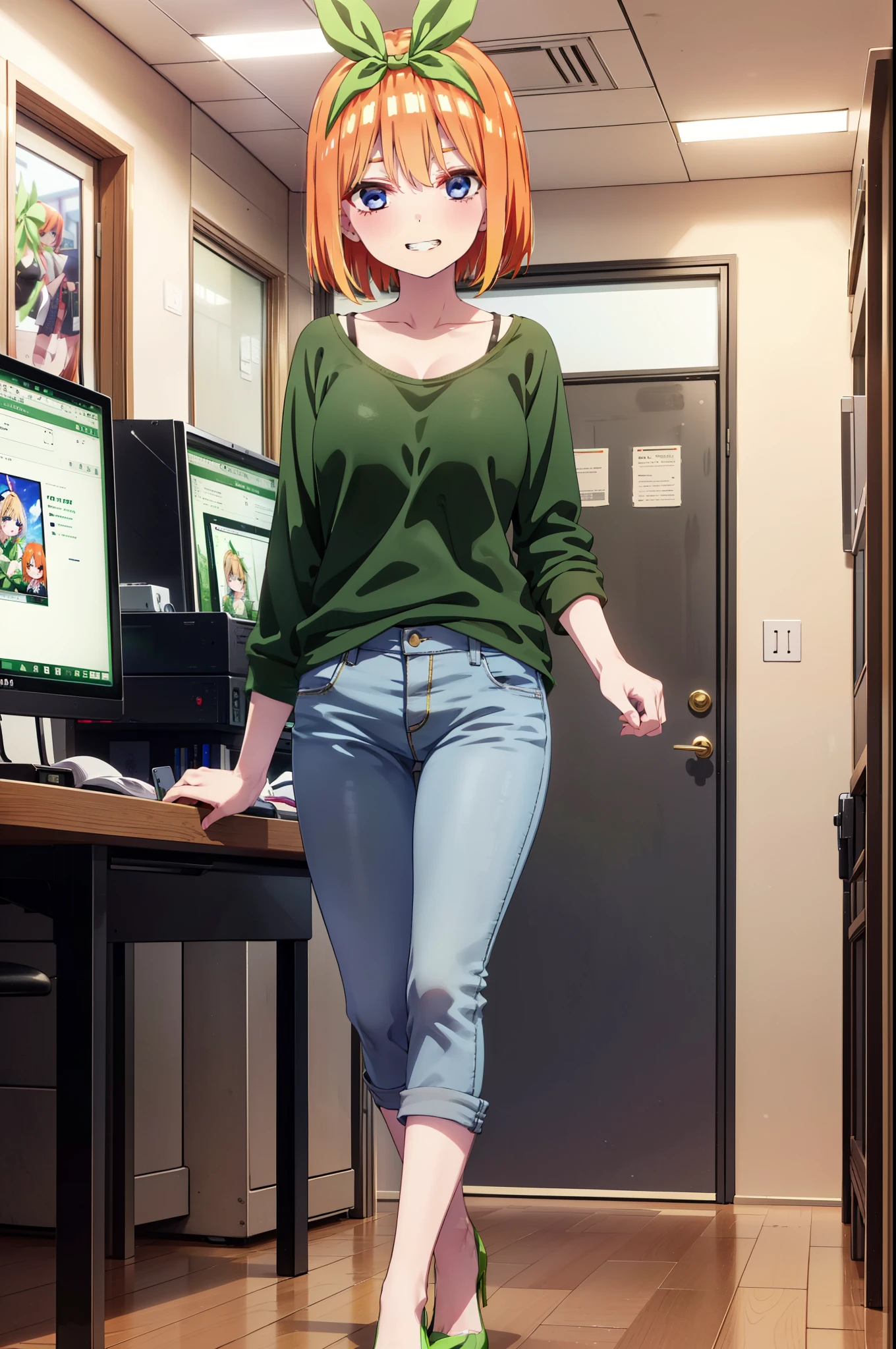 Yotsubanakano, Yotsuba Nakano, bangs, short hair, blue eyes, Hair between the eyes, hair ribbon, hair band, Orange Hair, (Green ribbon:1.5), smile, Grin,Green tank top,Skinny jeans,Stiletto heels,There is a computer on the table,interior,Walking,whole bodyがイラストに入るように,
break indoors, オフィス
break looking at viewer, whole body,
break (masterpiece:1.2), Highest quality, High resolution, unity 8k wallpaper, (figure:0.8), (Beautiful attention to detail:1.6), Highly detailed face, Perfect lighting, Highly detailed CG, (Perfect hands, Perfect Anatomy),