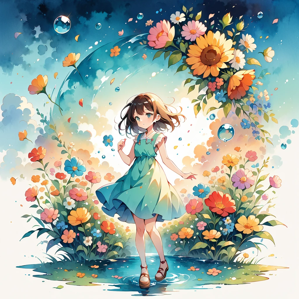 (Anime style:1.2, masterpiece:1.2),(((1 girl))),((small, Full body view))), Girl with flowers, watercolor, Simple illustration, Flower Storm, Colorful water bubbles,