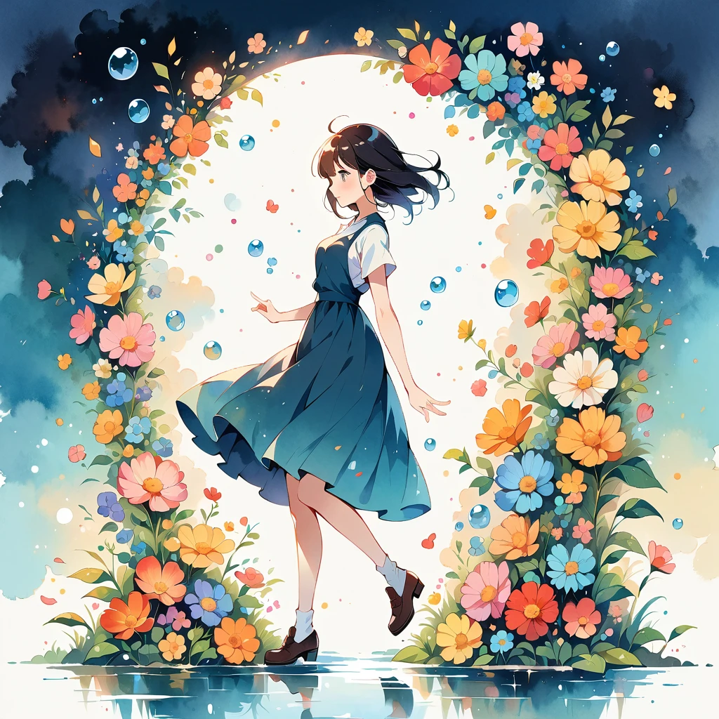(Anime style:1.2, masterpiece:1.2),(((1 girl))),((small, Full body view))), Girl with flowers, watercolor, Simple illustration, Flower Storm, Colorful water bubbles,