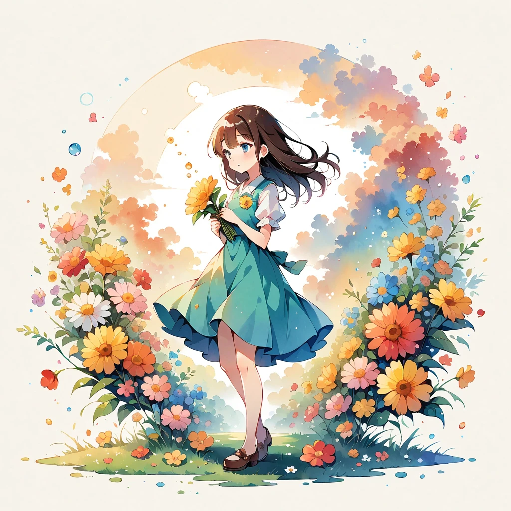 (Anime style:1.2, masterpiece:1.2),(((1 girl))),((small, Full body view))), Girl with flowers, watercolor, Simple illustration, Flower Storm, Colorful water bubbles,