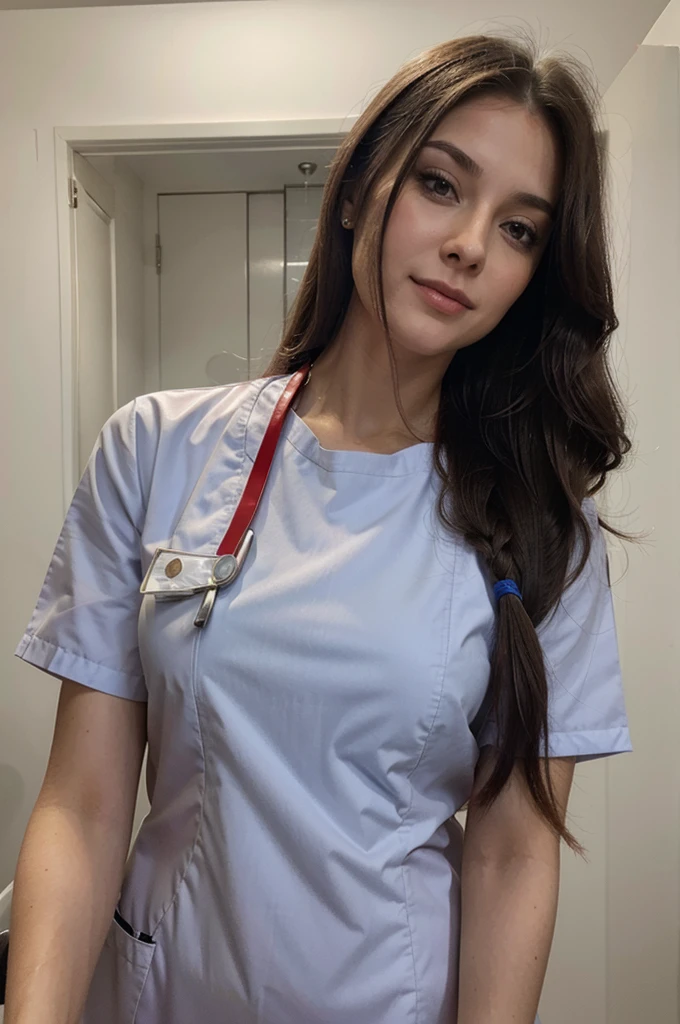 woman with long hair wearing a nurse outfit