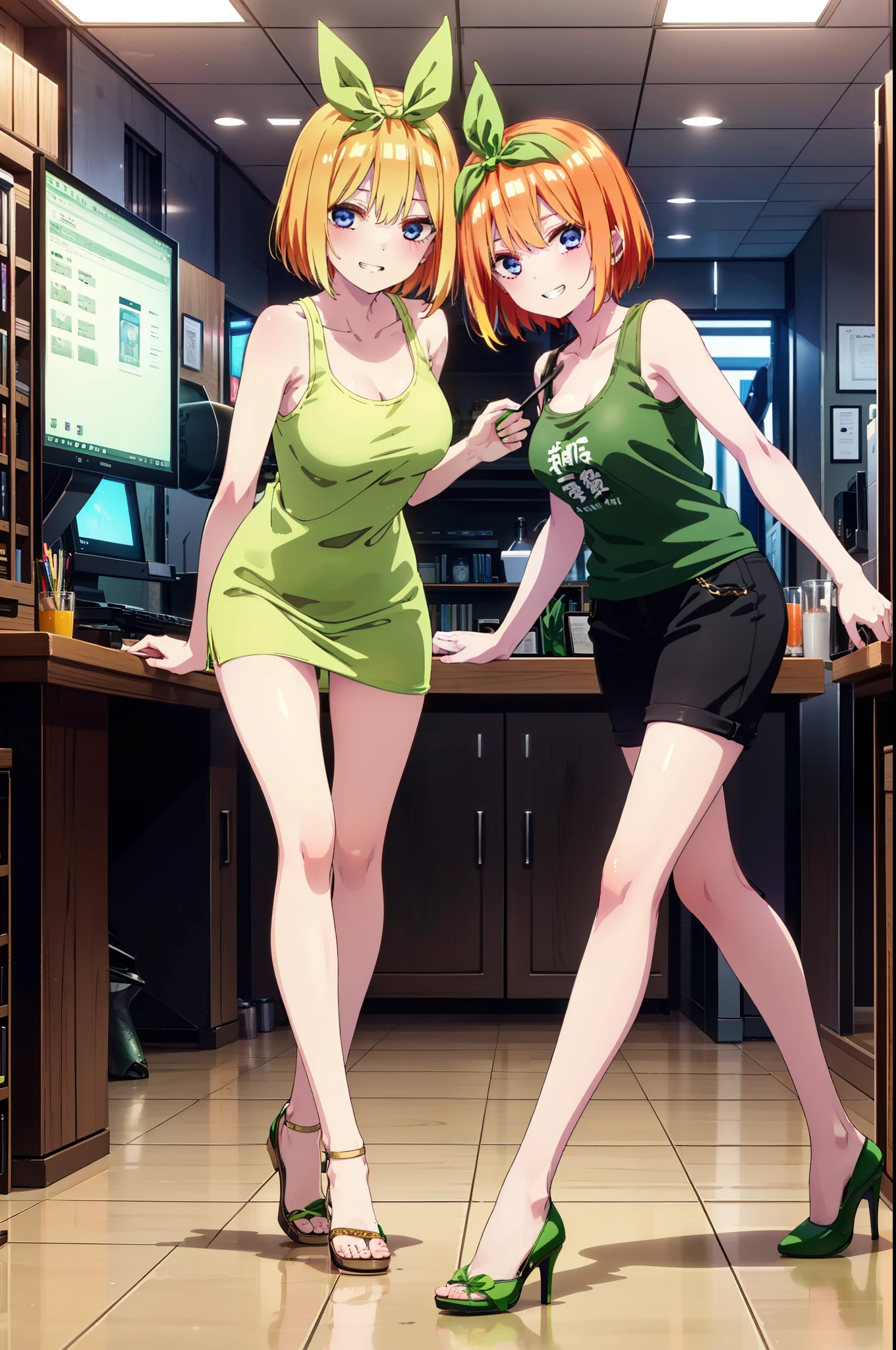 Yotsubanakano, Yotsuba Nakano, bangs, short hair, blue eyes, Hair between the eyes, hair ribbon, hair band, Orange Hair, (Green ribbon:1.5), smile, Grin,Green tank top,Skinny jeans,Stiletto heels,There is a computer on the table,interior,Walking,whole bodyがイラストに入るように,
break indoors, オフィス
break looking at viewer, whole body,
break (masterpiece:1.2), Highest quality, High resolution, unity 8k wallpaper, (figure:0.8), (Beautiful attention to detail:1.6), Highly detailed face, Perfect lighting, Highly detailed CG, (Perfect hands, Perfect Anatomy),