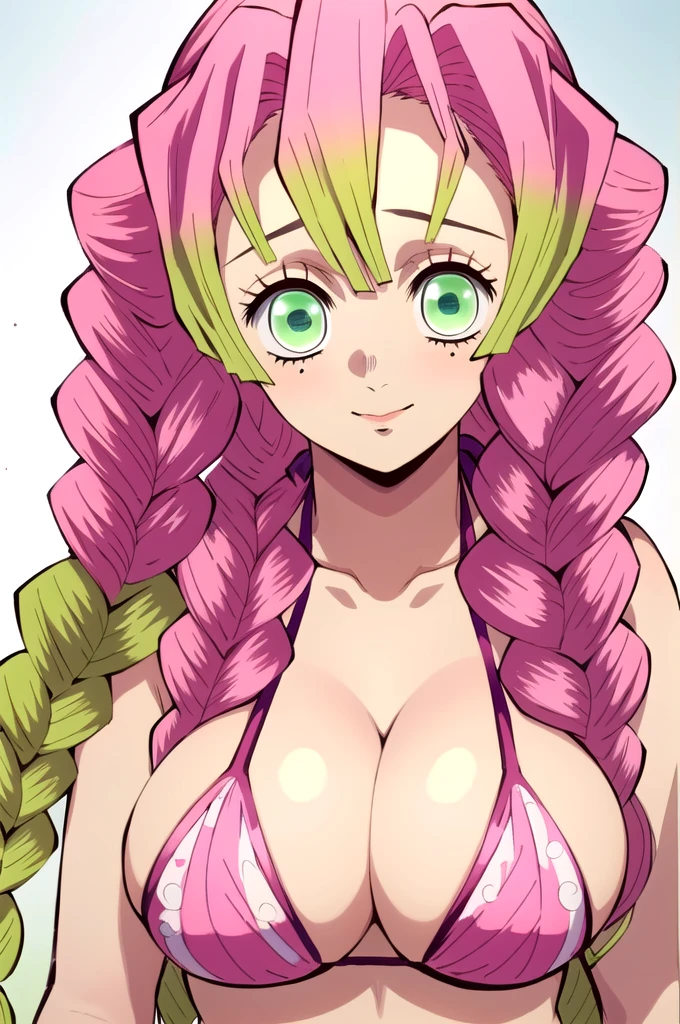 (masterpiece, best quality),  intricate details,
MitsuriKanroji,  kanroji mitsuri, 1girl, solo, long hair, winking, green eyes, pink hair, braid, green hair, twin braids, parody, large breast, huge breasts, bikini top, headshot, collarbone, neck, bare shoulders, pink bikini top, cleavage, in frame, peeker, top angle, shot from above, head shot, perfect shot, plain background, white background, photoshoot, complete head in frame, top of head