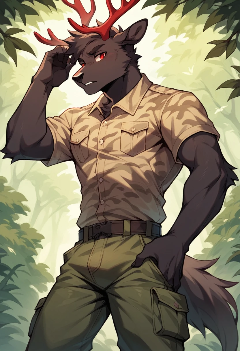 Male, anthropomorphic, stag, dark fur, red eyes, twink build, medium sized antlers, neutral expression, cargo pants, camo shirt, single, forest setting