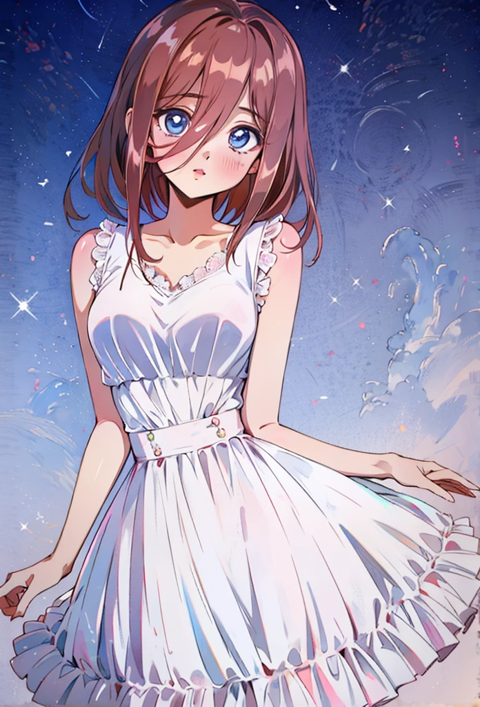score_9, score_8_up, score_7_up, score_6_up, source anime, akihcipnxl, (1 girl) Sfw, Miku nakano, pretty teenage girl with fluffy long pink brown hair, heart shaped lips and blue eyes making a cute face, aamiku, Nakano Miku from The Quintessential Quintuplets, Miku Nakano, masterpiece, 4k, ultradetailed, cowboy shot, nakano Miku, pink red brown hair, blue eyes, sparkling eyes, night wear, white minimal simple nightwear matching set, white iridescent matching set, white satin and lace night vest, white satin and lace tank top with thin shoulder straps, white satin light night skirt, minimal outfit, simple outfit, all white outfit, full body, dynamic pose, moving, dynamism, hair between eyes, nightwear, starry sky behind her, night sky, pretty stars
