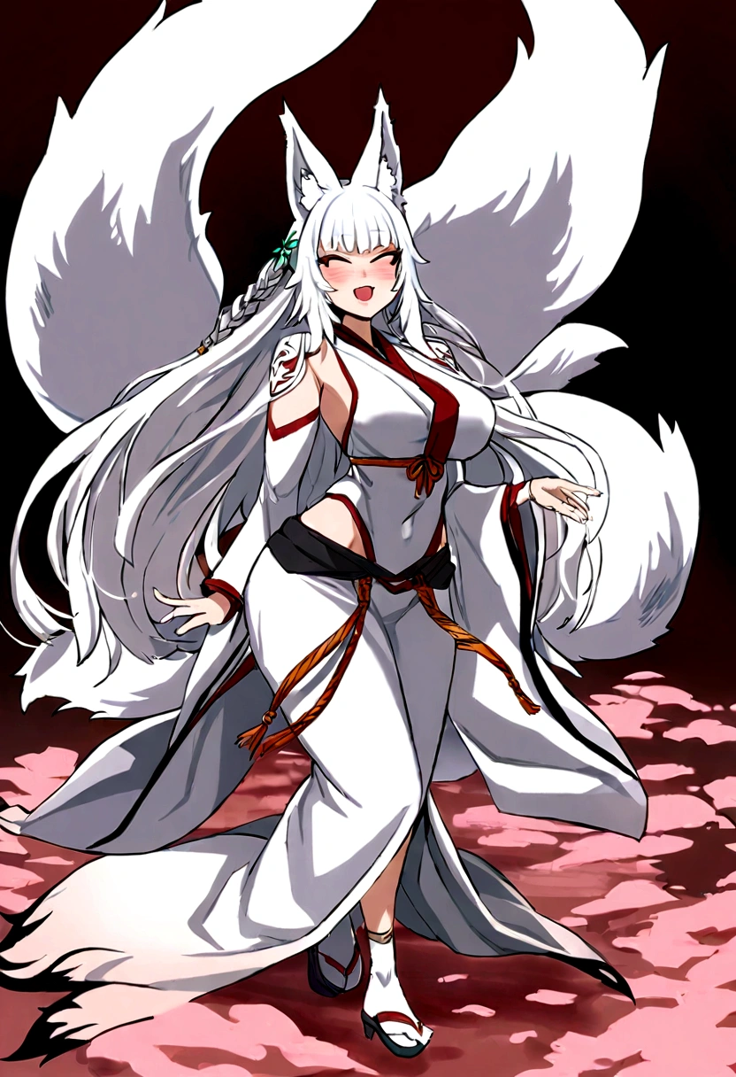 masterpiece, best quality, 1girl, solo, bangs, a cartoon picture of a woman in a white dress with a white tail, fox nobushi, white fox anime, white - haired fox, a beautiful kitsune woman, mizutsune, ahri, kitsune, commission for high res, inspired by Josetsu, inspired by Nishikawa Sukenobu, white haired deity, fullbody commission for