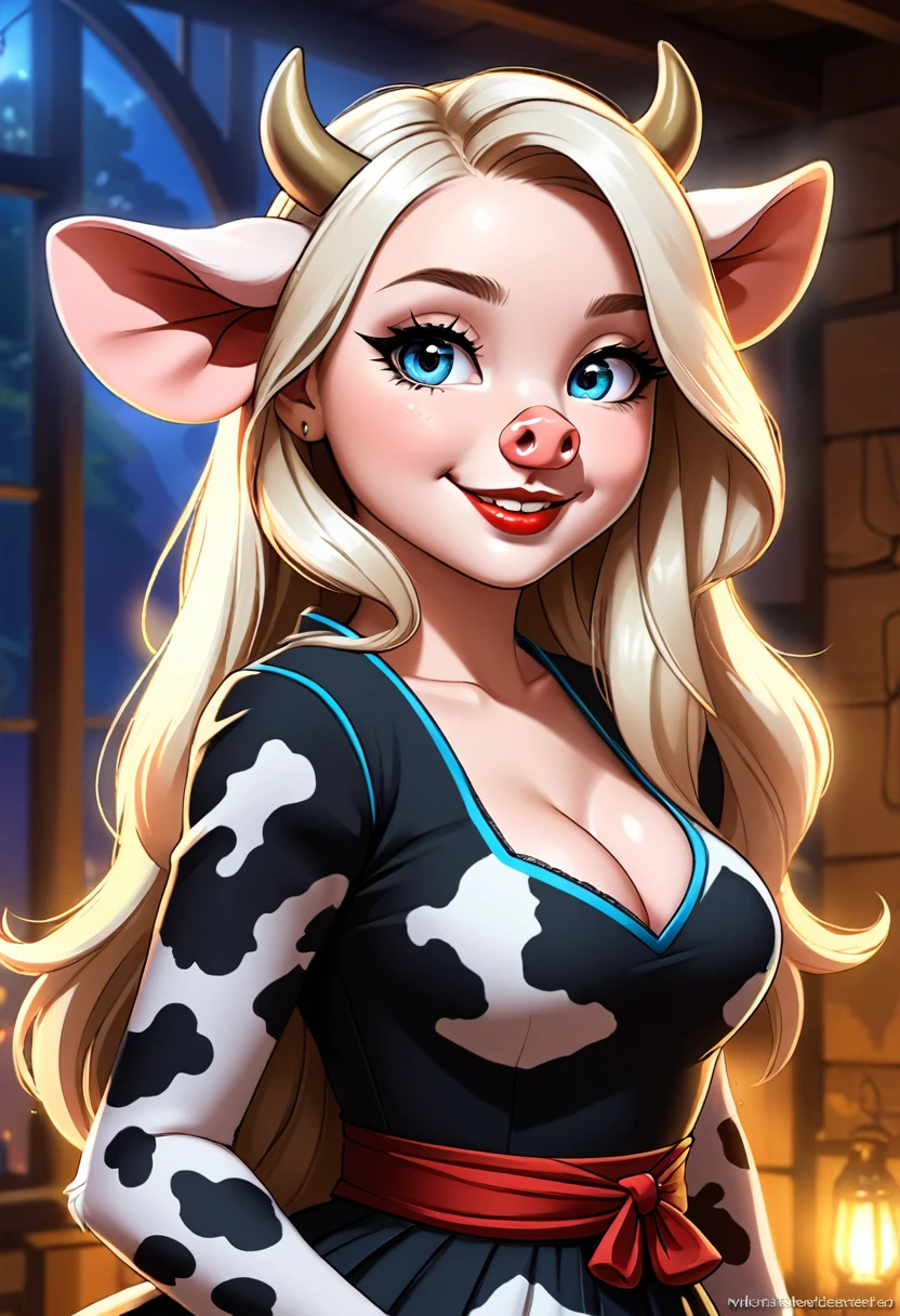 Create an illustrated, hand-drawn, full-color image of an humanoid, hybrid, anthropomorphic, sexy pig woman. The artwork should be rendered in the style of "Breath of the Wild," featuring warm lighting and shadows. Include graphite shading, stencil marks, and airbrushed acrylic paint effects. The image should be of the highest quality, a masterpiece with intricate details. cow nose, cow ears. The bovine woman should have a female, humanoid, appearance. She should have luscious lips, a wide smile, and bright, expressive eyes, exuding beauty, cuteness, and adorableness. Ensure the image is high resolution and sharply detailed, with a detailed and vibrant background. Scarlett Johanson, Alison Brie, Dove Cameron Incorporate mystical lighting in the background, creating a romantic and enchanting atmosphere.