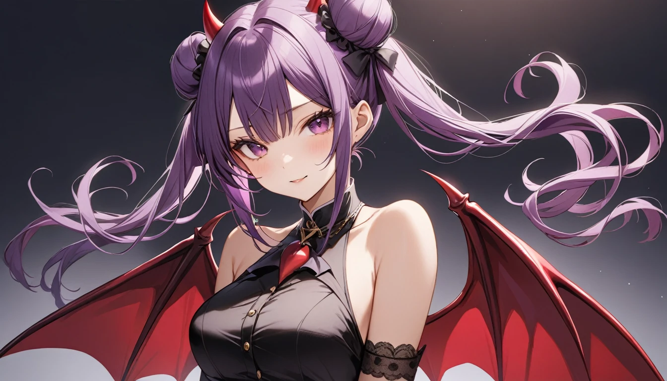 (Highest quality), One girl,Purple hair twin buns,Devil's Wings, Provocative, A large full moon and night sky in the background