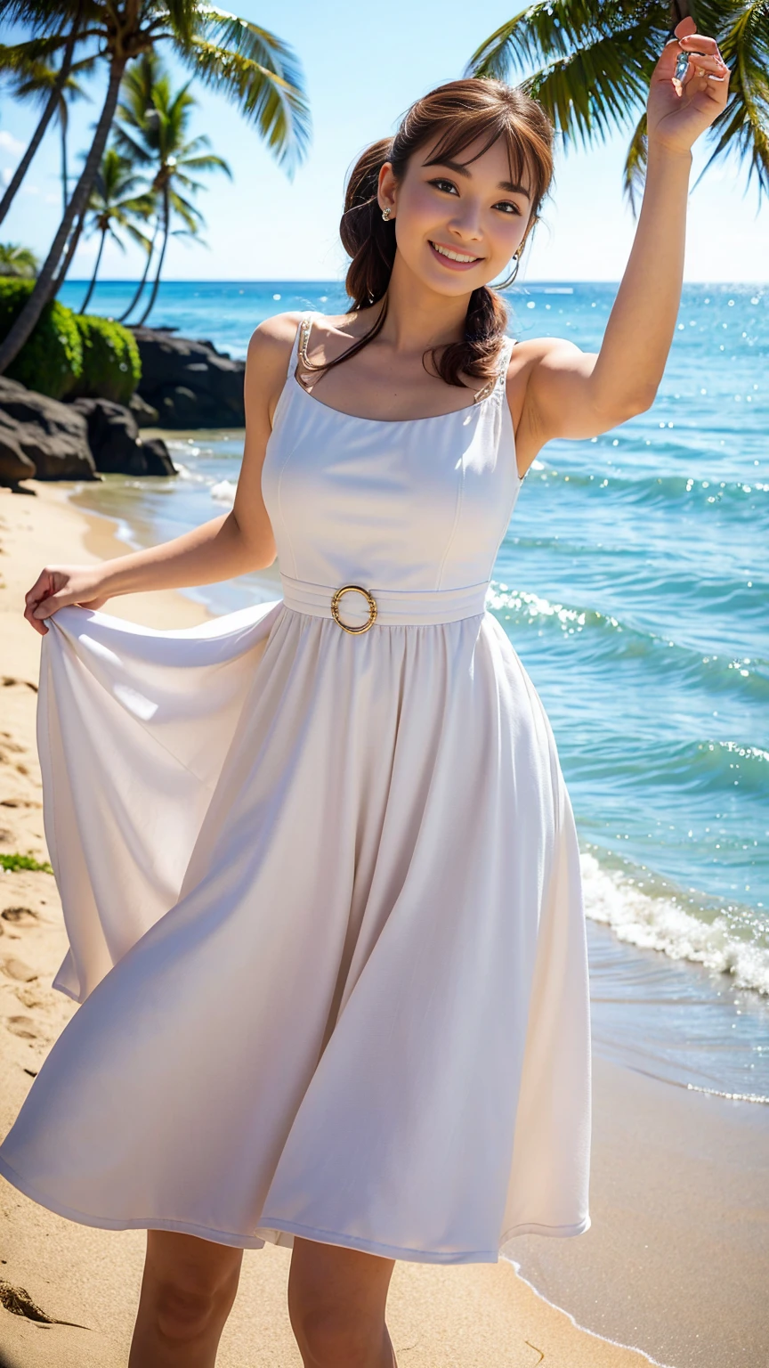 (top-quality、masterpiece:1.2)、femele、portlate、natta,a bright smile, Detailed sky、audrey hepburn, I'm wearing a (casual dress:1.4) in the 1950s, middle breasts, big butt, thick thighs, along the beach,Waikiki's Beautiful Beach, Pleasantly High, Fierce Dance,1girl,