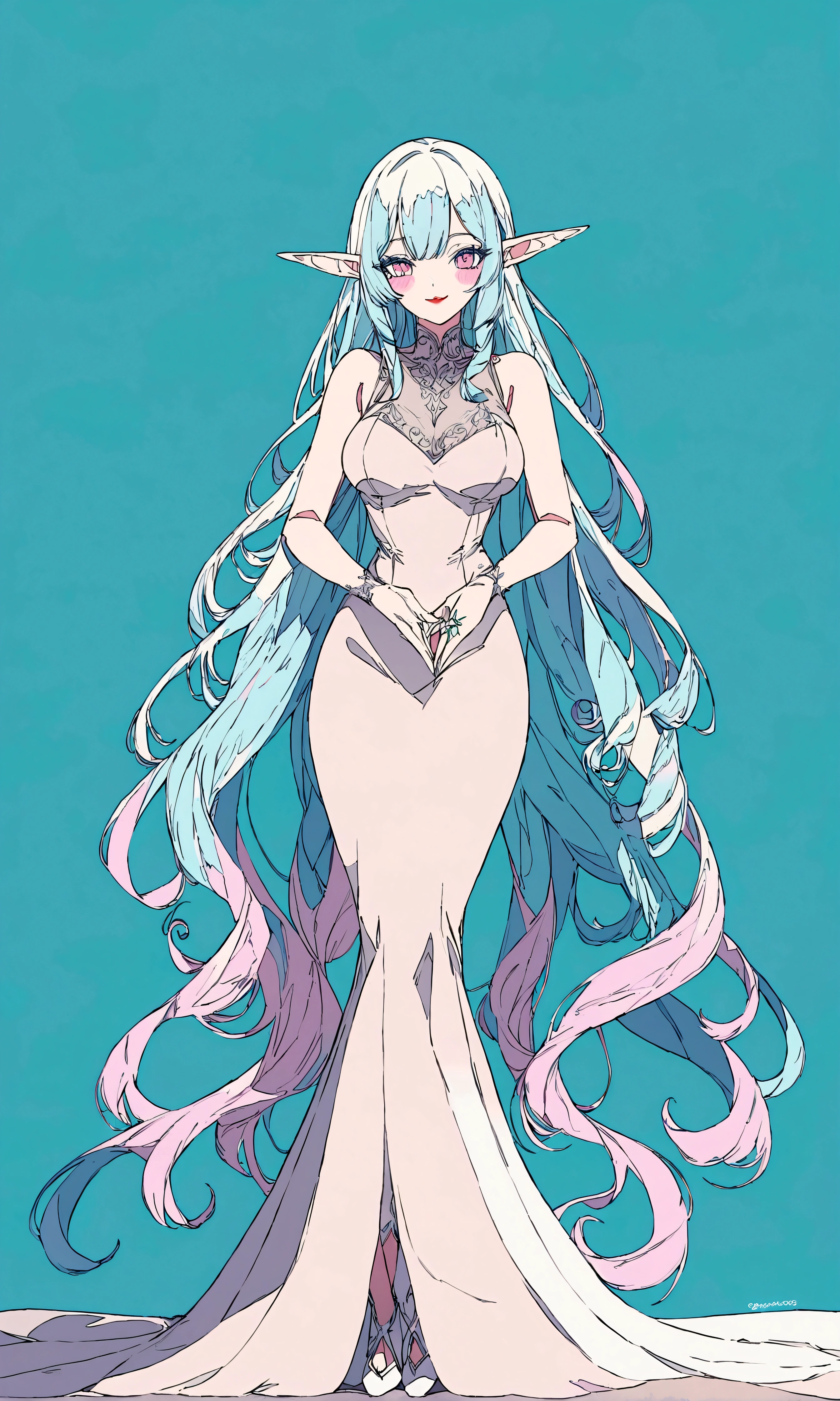 Elf ears. Smile. Full body. 30 years old. Full shot. Pastel colors, ligne claire, flat colors. Pink eyes. Big pink eyes. Absurdly long cyan iridescent hair. Red lips. Amazing intricate finely detaile. Light pink and cyan cossak. sleeveless top. Fairycore. Standing. Happy pose. Beautiful and fashion Make-up. Simple background. Defined lips. Blushing. Lovely. Korean manwha style.