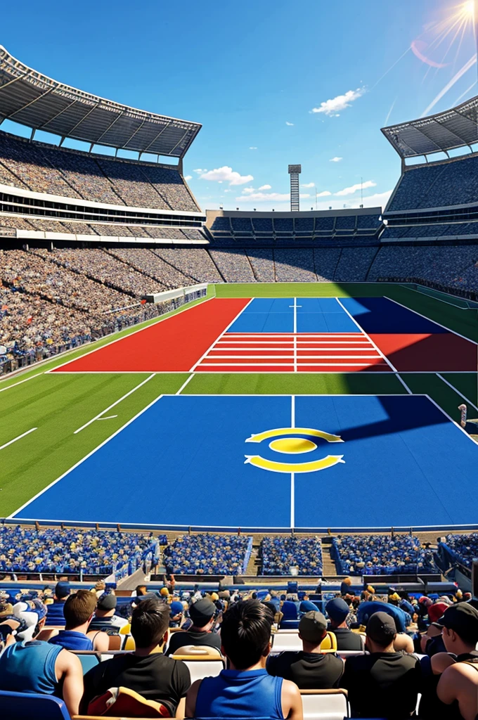 A side angle view of a large, open tournament battle arena with a flat from final fantasy 7 remake, tiled floor featuring combat zone markings. High stadium seating in the background filled with spectators, with banners and flags waving. Clear blue sky overhead. Highly detailed and vibrant.
