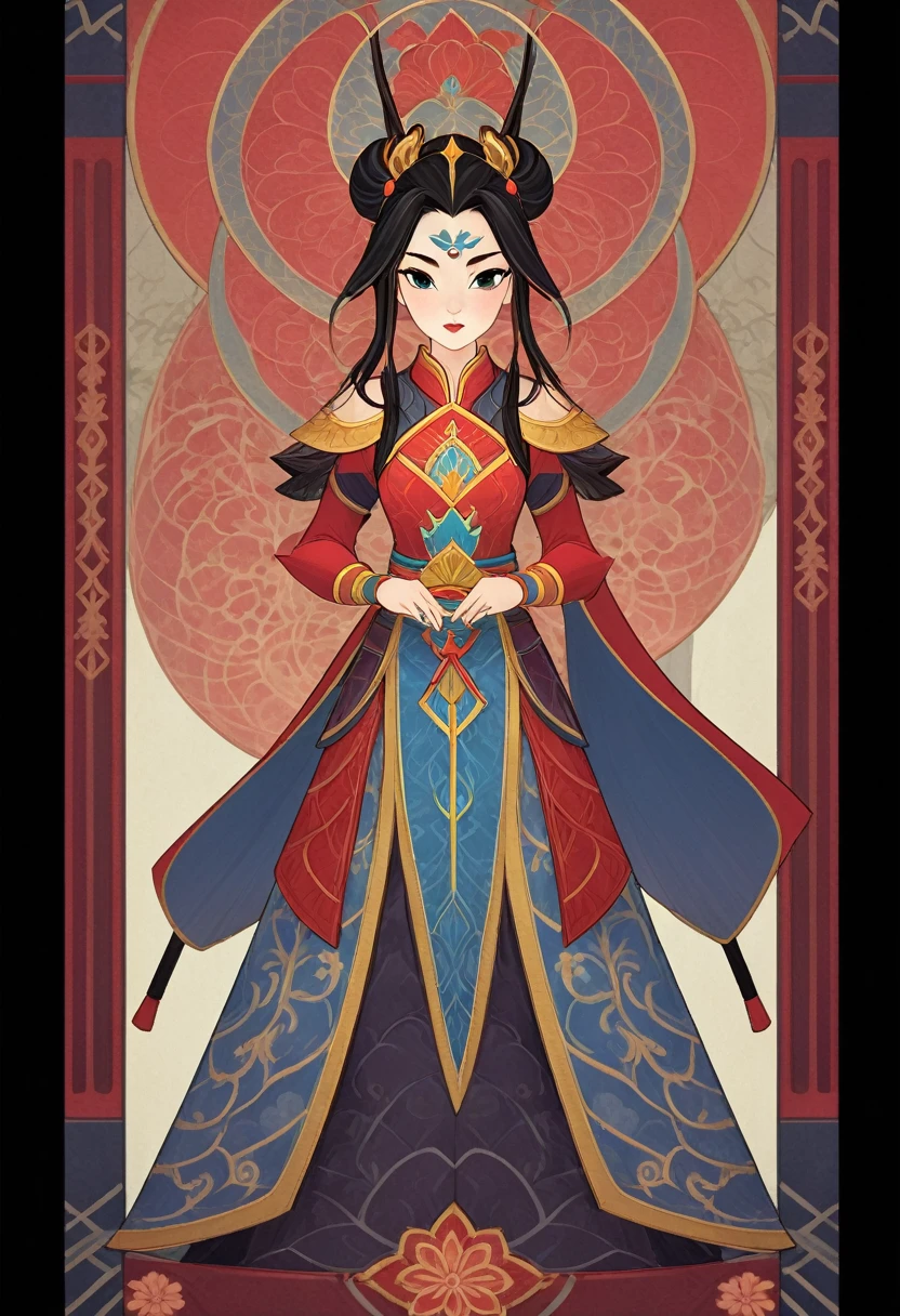 1girll, Mulan, Chinese general costumes, Full body standing painting, (((solo))), Clear facial features, Simple line design, ((tarot card background, symmetric beauty)), perfectly symmetrical, The art of symmetry, Standing drawings of characters, ((flatcolors)), tmasterpiece，top Quority，best qualtiy，Ultra-high resolution, ((Clear facial features，beautidful eyes，beauitful face, Exquisite facial features))