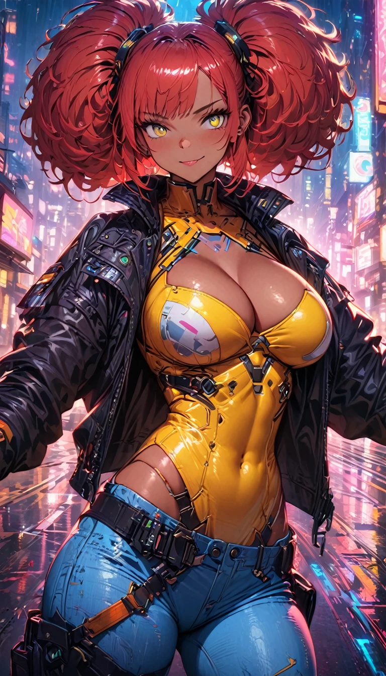 best quality,4k,8k,highres,masterpiece:1.2), ultra-detailed, extremely detailed eyes, extremely detailed body, (large masterpiece digital art), (detailed manga illustration), (detailed line art), ((perfect anatomy)), (intricate details:1.3), (ultra-detailed:1.3), (illustration:1.3), (sharp focus:1.3), (natural lighting:1.05), (vivid colors:1.3),, high quality, expressive eyes, detailed face, beautiful face, perfect face, 1 girl, breasts, cleavage, gloves, large breasts, cyberpunk clothes, leather jacket, very long hair, thigh length hair, ({dark skin}), dark-skinned female ,detailed ((red hair)), messy hair, ((afro)), brown eyes, filipino, hourglass physique, jeans, thick thighs, toned, dynamic lighting, 4k resolution, dynamic pose, smiling, city background, posing, motorcycle, tool belt, cinematic lighting, dramatic atmosphere, Atey Ghailan, Jeremy Mann, Greg Manchess, Antonio Moro, trend in ArtStation, trend in CGSociety, Intricate, High Detail, Sharp focus, dramatic and photorealistic painting art by Midjourney and Greg Rutkowski, Jeff Bridges, ((cartoon style)),